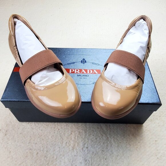 Prada Patent Leather Shoes Flats Slip On Calzature Donna Size 7.5 US Nude Tan - Picture 1 of 14